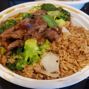 Beef with Broccoli with pork fried rice. Lunch special takeout. Delicious!!