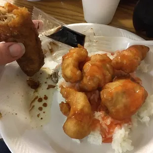 Shrimp egg roll (super greasy... see plate) and Sweet And Sour Chicken