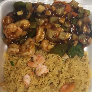 Kung po shrimp with shrimp fried rice
