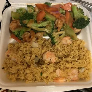 Shrimp fried rice and shrimp & brocolli