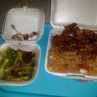 Sesame chicken w/ eggs fried rice.