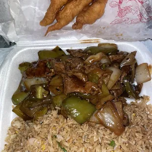 Combo plate: Pepper steak, shrimp fried rice and chicken sticks