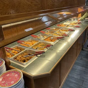 a buffet with many different types of food