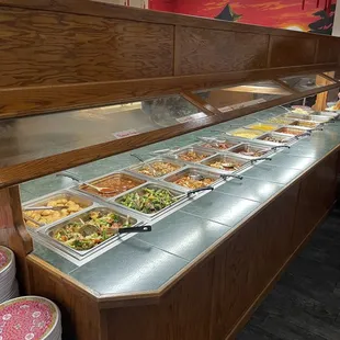 a buffet with a variety of food