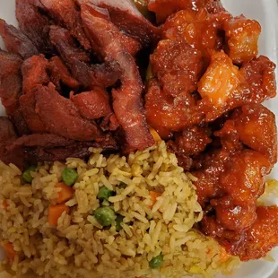 Looks great but BBQ port was dry and sweet and sour chicken with no flavor! Rice was good