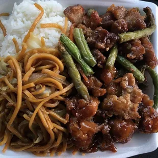 Chicken with green beans and orange chicken