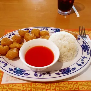 Sweet &amp; sour pork with white rice and egg roll