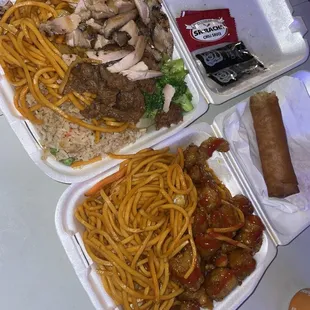 Chowmein, steamed rice, teriyaki chicken, brócoli beef, orange chicken, and big chicken eggroll