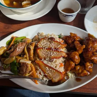 General Tsao chicken with Hunan beef in black bean sauce.