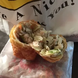 Meh! Roast pork egg roll. I remember when they would make these with real chunks of roast pork not this minced stuff.