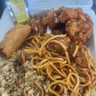 Combo A Orange chicken  Chow main Fried rice  Spring roll
