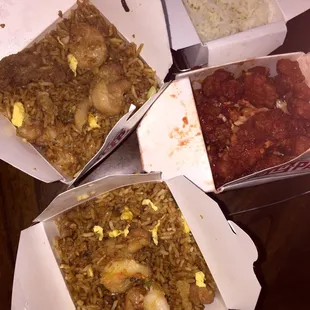 four boxes of food on a table