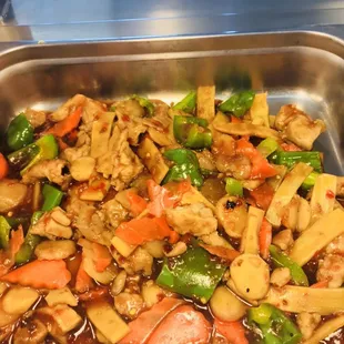 a pan of stir fried vegetables