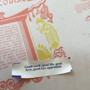 The Chinese zodiac placemat and fortunes will entertain while you enjoy your lunch.