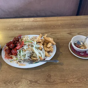 Pork chow Mein, pork ribs, sesame chicken, fried rice   Hot sour soup perfectly cooked.