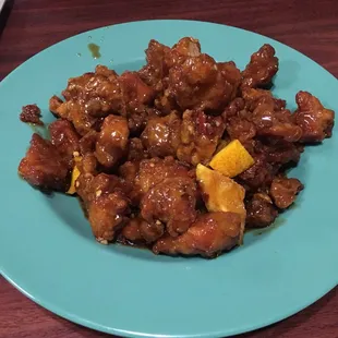 Orange chicken. So good and it has a kick!