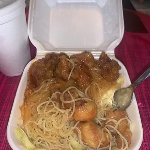 Ordered the kid&apos;s meal - orange chicken with singapore rice noodles. This had no flavor and my fortune cookie was broken .