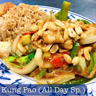 13. Kung Pao (All Day Sp.)  with Peanuts-chicken, pork, beef, or (shrimp, or white meat $1 extra) spicy diced vegetables with choice of meat