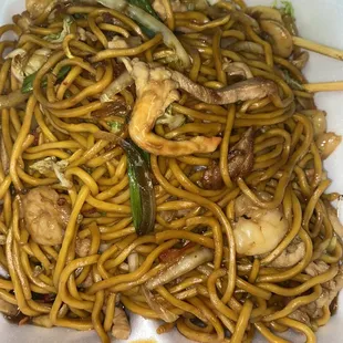 This weighed like ten pounds! Delicious. Chicken, shrimp, pork Lol mein.