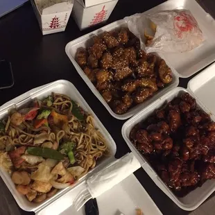Combination lo mein, general tso&apos;s chicken, sesame chicken, crab cheese wontons, combination fried rice and white rice (complimentary)