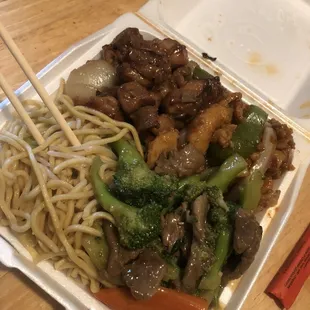 Broccoli beef, Mongolian chicken, teriyaki chicken and chow mein