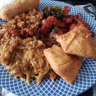 Orange chicken, shrimp egg-foo young, crab rangoon, pork fried rice