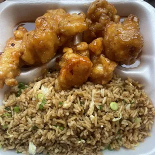 Orange chicken and chicken fried rice