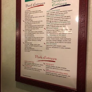 a menu on the wall