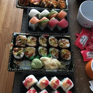 Chicago roll, Rainbow Roll, Spider Roll, and the Snow Mountain Roll from left to right.