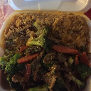 Beef and Beef With Broccoli and shrimp fried rice