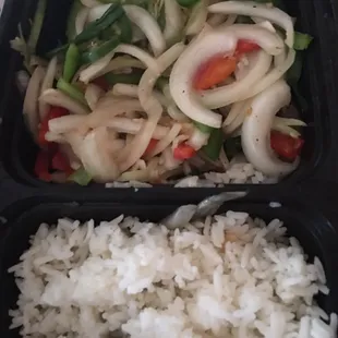This is supposed to be salt and pepper squid. Very few squid and too much onions and pepper. Not worth $9.95. Very Disappointing!