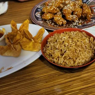 Sesame Chicken fried rice and cheese rangoon