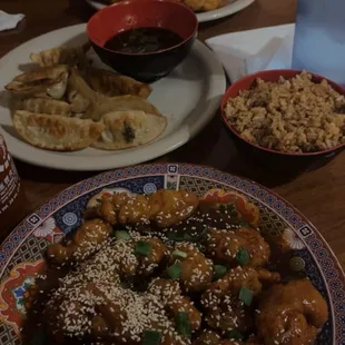 Sesame Chicken side of fried rice, fried pork dumplings, lemon chicken in the back with side of fried rice.
