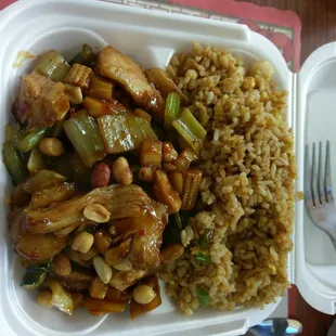 a meal in a styrofoam container