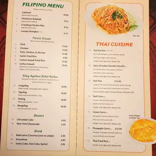 Thai and Filipino Menu