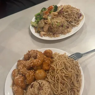 Sesame chicken and chicken broccoli with pork chowmein and rice.
