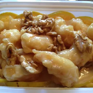 Walnut shrimp. Breaded, deep-fried shrimp in a citrus mayo sauce.