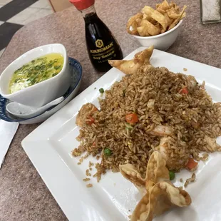 Shrimp fried rice, egg drop soup, and 2 Crab Rangoon&apos;s!