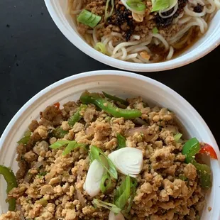 Dan Dan noodles (top) and 13 spice scallion oil stir fried noodles (bottom)