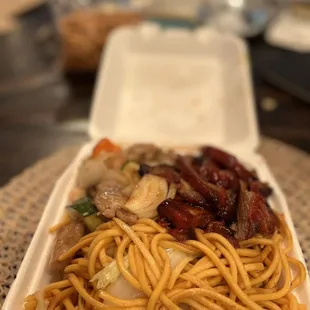 Barbecue pork mushroom chicken and chow mein noodle
