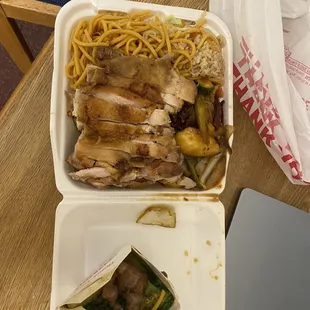 3 item combo with half half ( chow mien and fried rice) , broccoli beef, mushroom chicken , and chicken chop