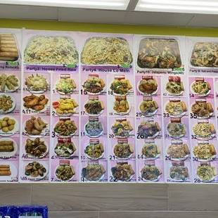 a variety of food items displayed on a wall