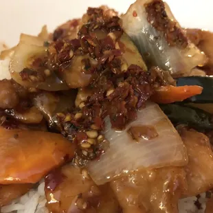 Hunan Chicken on Rice with extra Chili Oil. Hot!