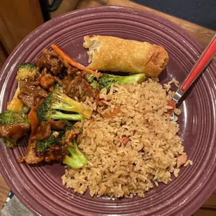 Beef and broccoli with pork fried rice and an egg roll