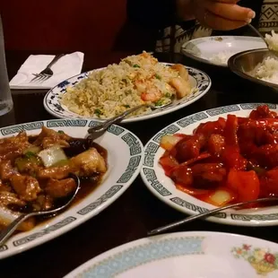 Main course:  kung pow chicken, sweet sour pork and shrimp fried rice.
