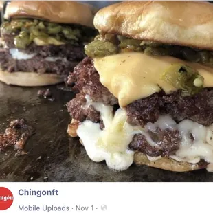This is the picture that convinced us to order. A double patty cheeseburger with green chili!