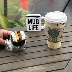 Love this spam, egg and daikon musubi with latte!