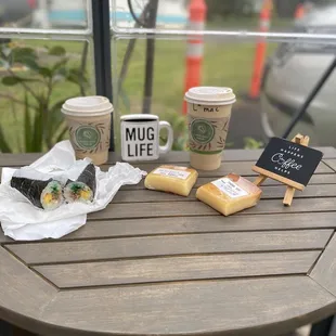 Maki sushi and butter mochi from the store to go along with our lattes.