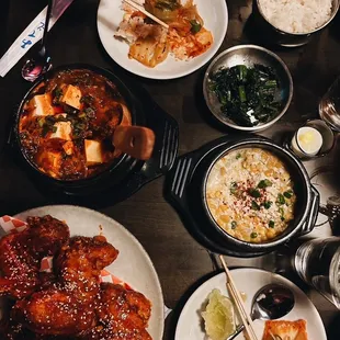 Korean fried chicken, kimchi jigae, corn cheese