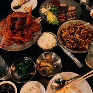 Mandu, korean fried chicken, &amp; bossam along with all the fixings!